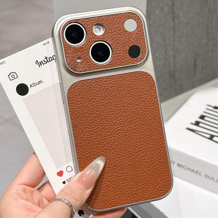 

For iPhone 14 Plus Transforms Into 17 Series Large Window Frosted Lychee Texture Phone Case(Dark Brown)
