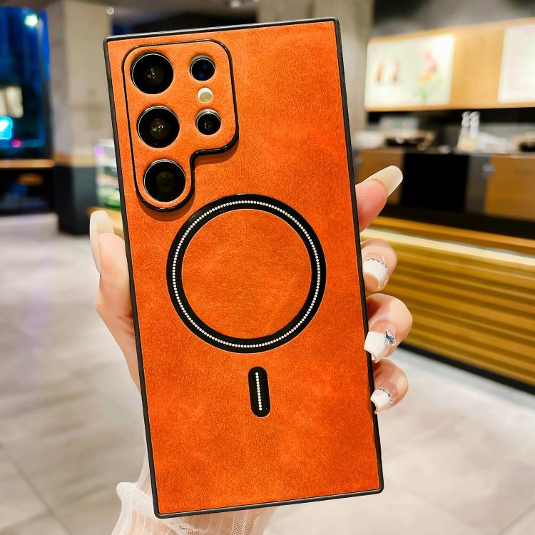 

For Samsung Galaxy S23 Ultra 5G Lambskin Faux Leather Magnetic Phone Case(Orange)