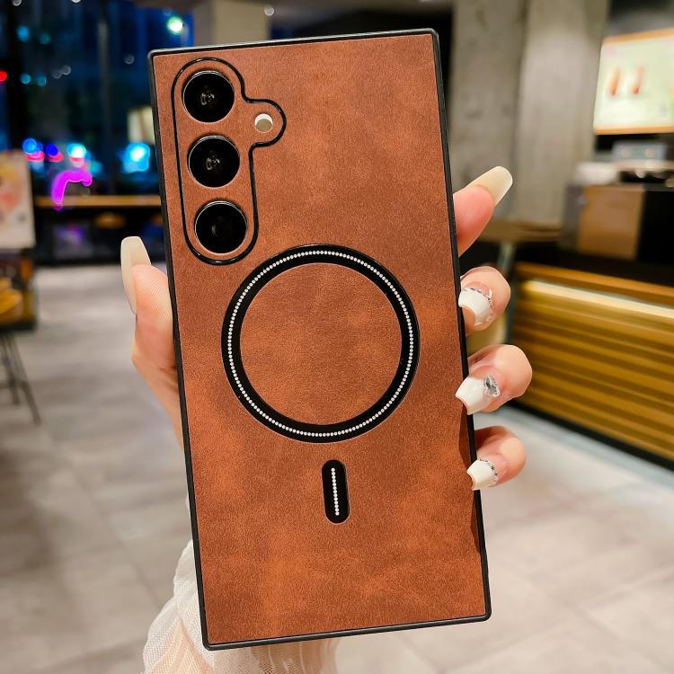 

For Samsung Galaxy S25+ 5G Lambskin Faux Leather Magnetic Phone Case(Dark Brown)