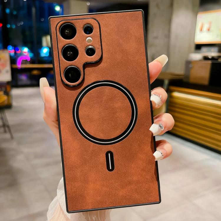 

For Samsung Galaxy S25 Ultra 5G Lambskin Faux Leather Magnetic Phone Case(Dark Brown)