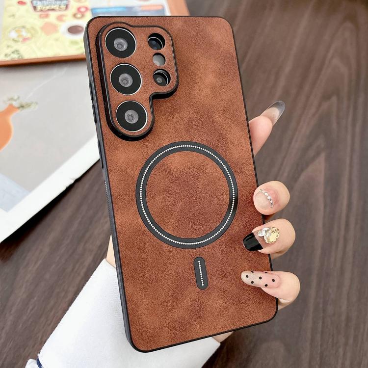 For Samsung Galaxy S26 Ultra 5G Lambskin Faux Leather Magnetic Phone Case(Dark Brown)