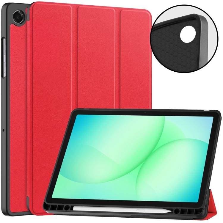 

For Samsung Galaxy Tab A11+ Custer TPU Pure Color 3-Fold Holder Smart Leather Tablet Case with Pen Tray(Red)