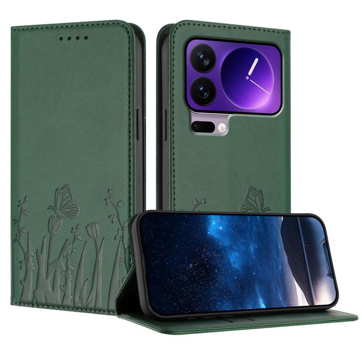 

For Xiaomi 17 Pro Tulips Butterfly Pattern Magnetic Vegan Leather Phone Case(Dark Green)