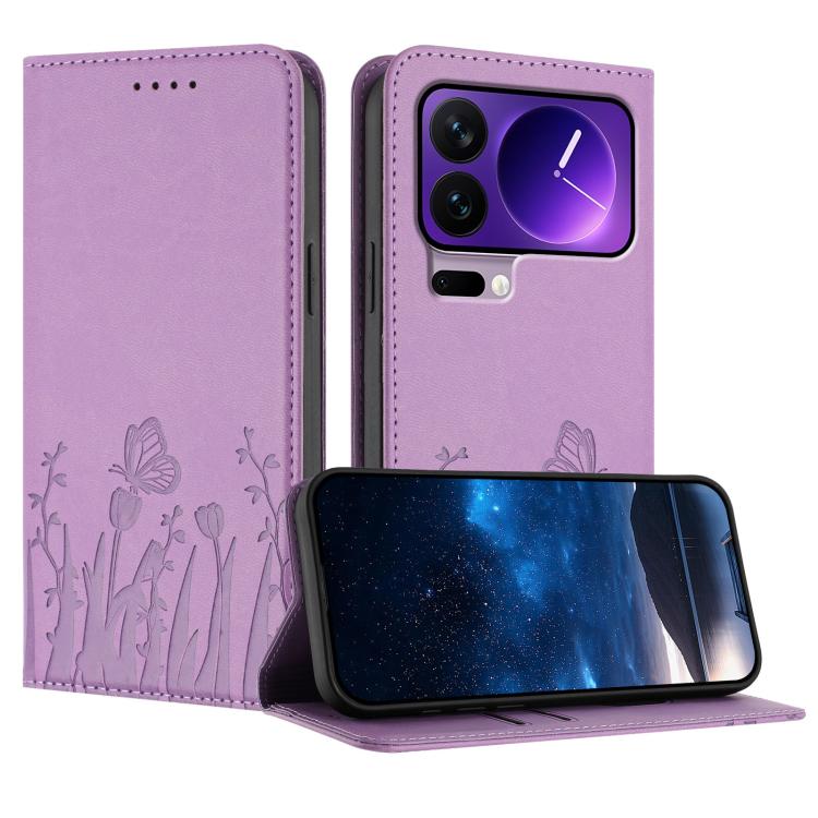 

For Xiaomi 17 Pro Tulips Butterfly Pattern Magnetic Vegan Leather Phone Case(Light Purple)