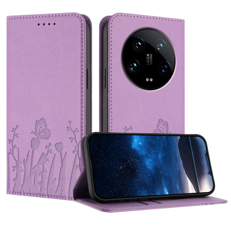 

For Xiaomi 14 Ultra Tulips Butterfly Pattern Magnetic Vegan Leather Phone Case(Light Purple)
