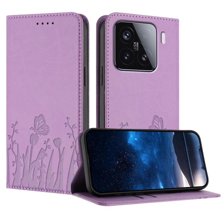

For Xiaomi 15 Tulips Butterfly Pattern Magnetic Vegan Leather Phone Case(Light Purple)