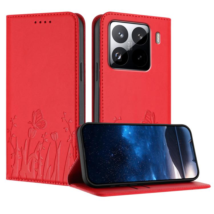 

For Xiaomi 15 Pro Tulips Butterfly Pattern Magnetic Vegan Leather Phone Case(Red)