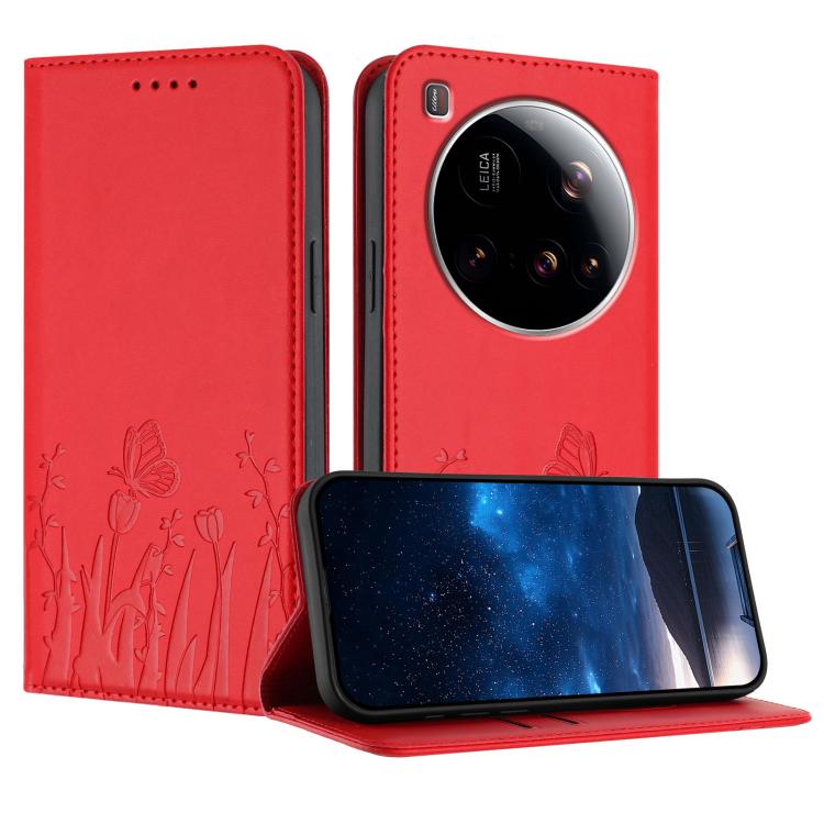 

For Xiaomi 15 Ultra Tulips Butterfly Pattern Magnetic Vegan Leather Phone Case(Red)