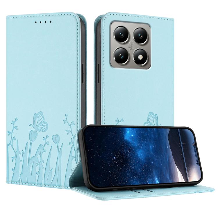 

For Xiaomi 15T 5G Tulips Butterfly Pattern Magnetic Vegan Leather Phone Case(Light Blue)