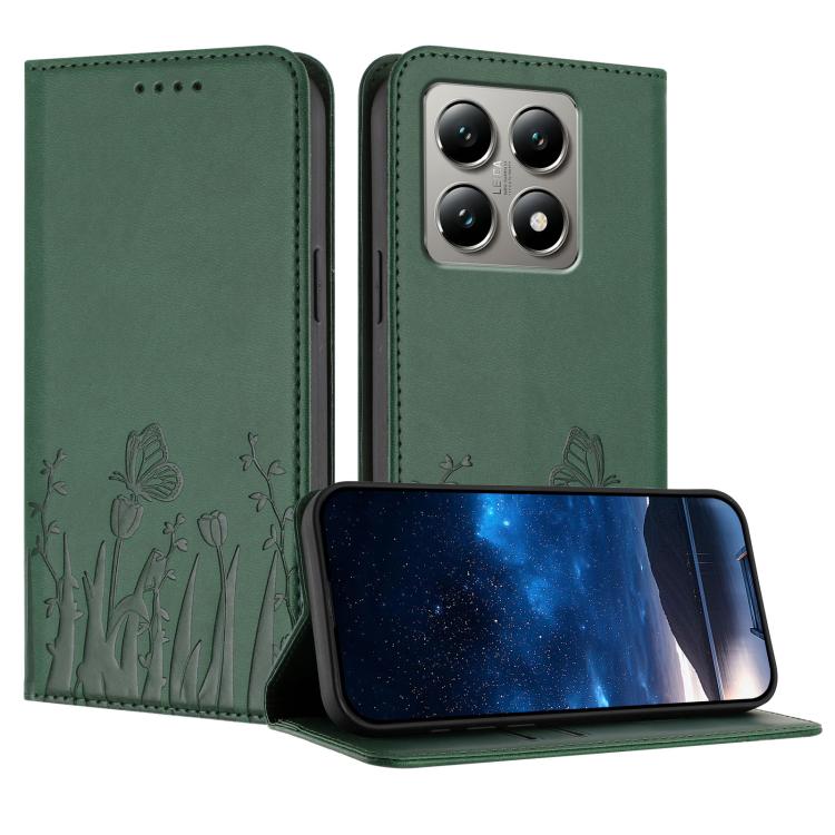 

For Xiaomi 15T 5G Tulips Butterfly Pattern Magnetic Vegan Leather Phone Case(Dark Green)