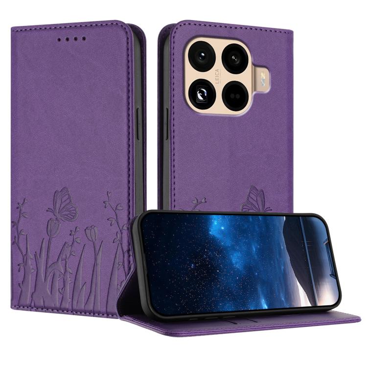 

For Xiaomi 15T Pro 5G Tulips Butterfly Pattern Magnetic Vegan Leather Phone Case(Dark Purple)