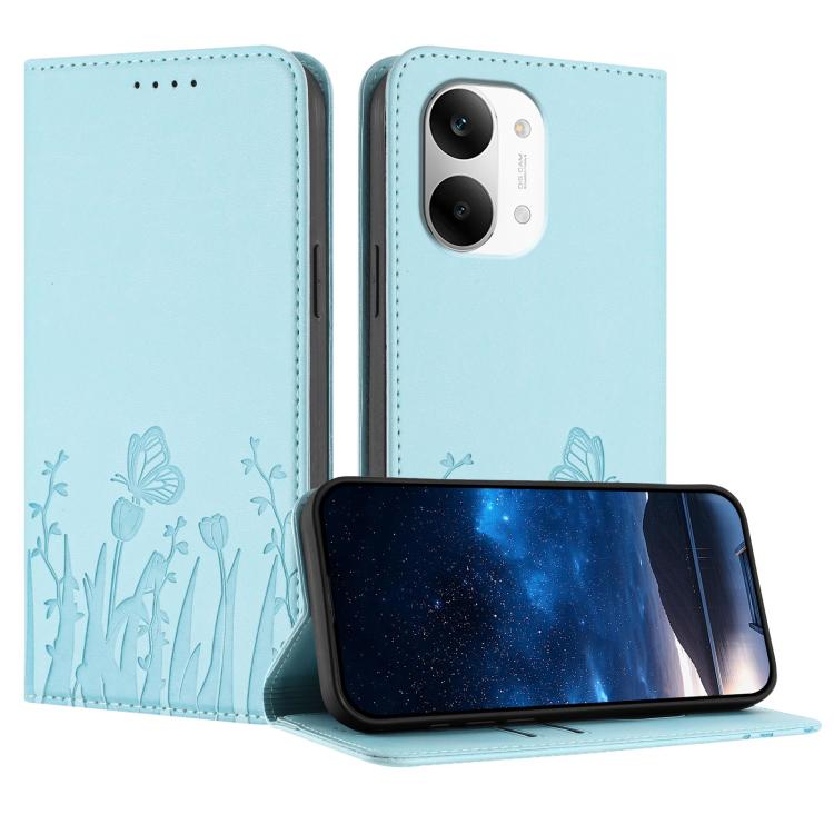 For Redmi Turbo 5 Max 5G / Poco X8 Pro Max 5G Tulips Butterfly Pattern Magnetic Vegan Leather Phone Case(Light Blue)