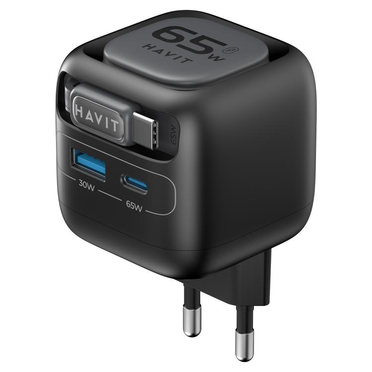 

Havit UC253 65W 3 in 1 GaN Travel Charger with Type-C Retractable Cable, Plug:EU Plug(Black)