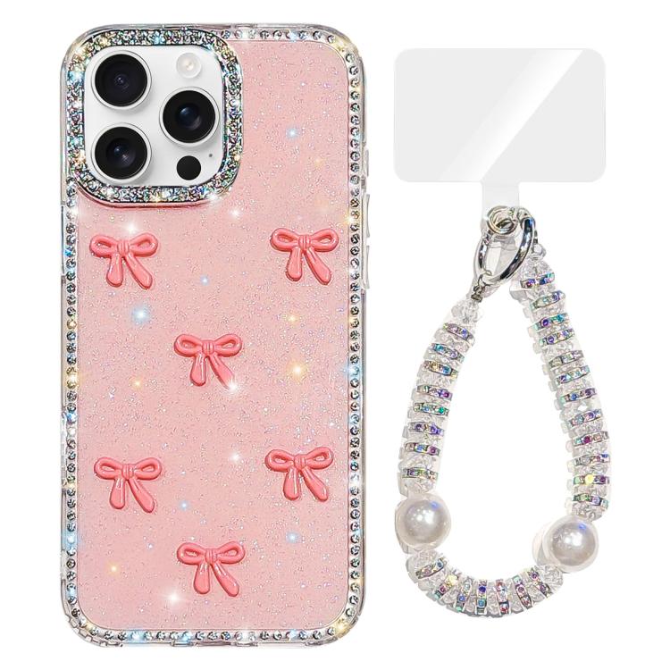 

For iPhone 16 Pro Max Sparkling IMD Colorful Bow Phone Case with Bracelet(Glitter Light Pink)