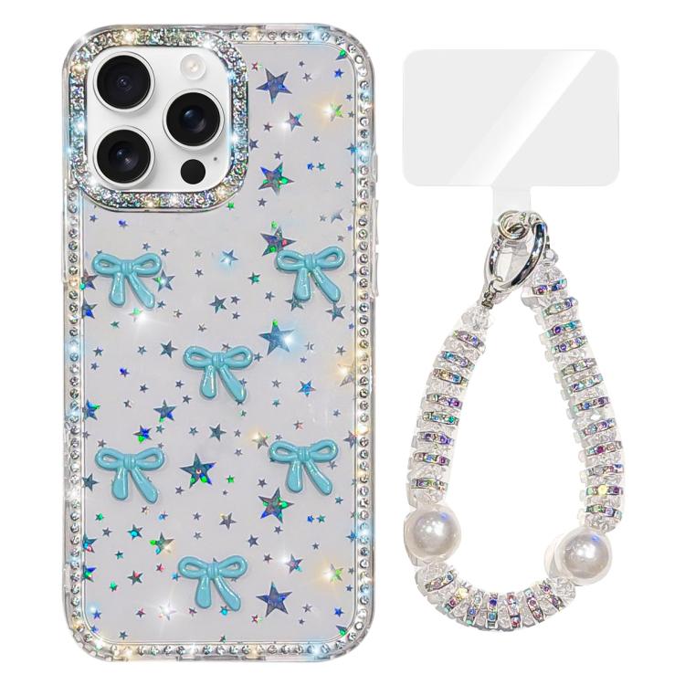 

For iPhone 16 Pro Sparkling IMD Colorful Bow Phone Case with Bracelet(Star Transparent)