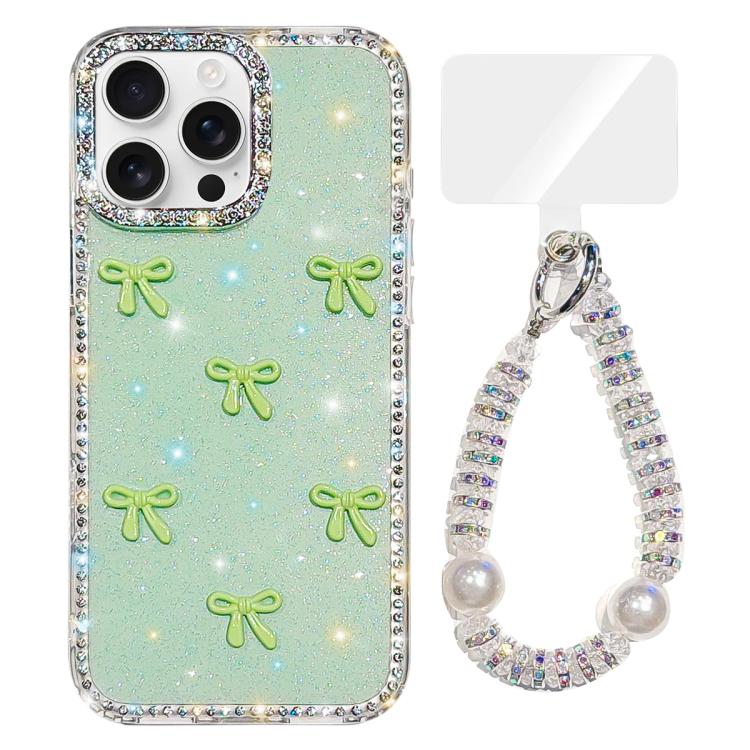 

For iPhone 16 Pro Sparkling IMD Colorful Bow Phone Case with Bracelet(Glitter Light Green)