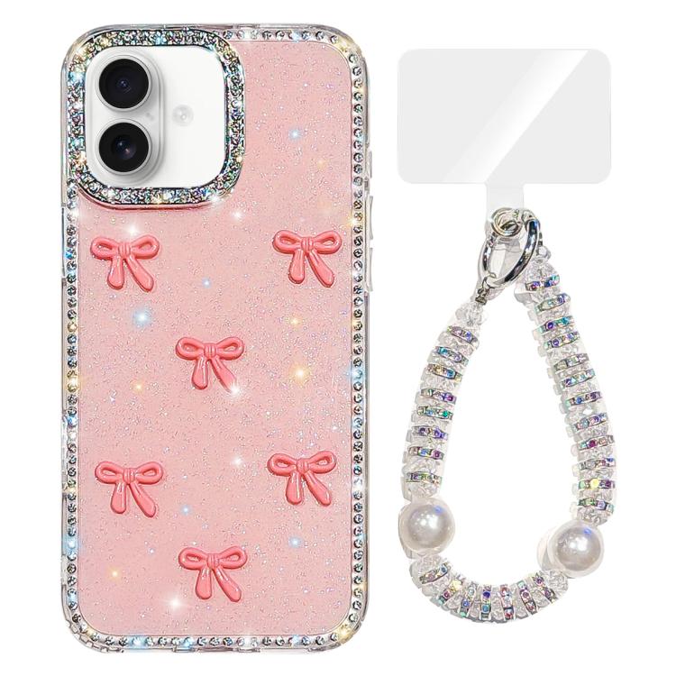 

For iPhone 16 Plus Sparkling IMD Colorful Bow Phone Case with Bracelet(Glitter Light Pink)
