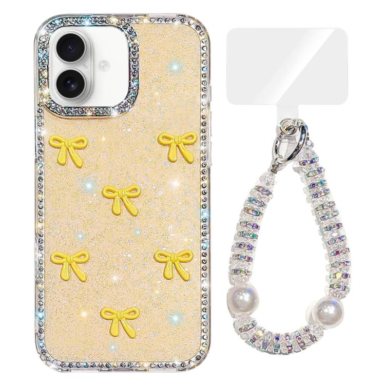 

For iPhone 16 Plus Sparkling IMD Colorful Bow Phone Case with Bracelet(Glitter Light Yellow)