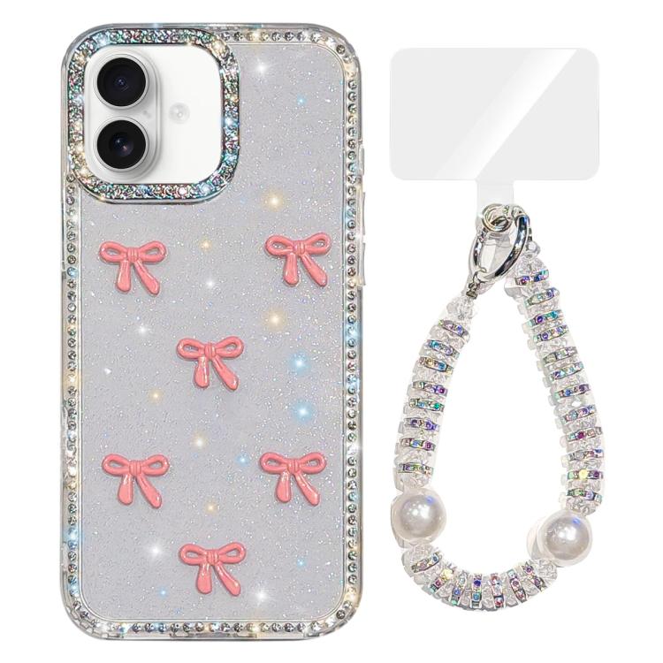 

For iPhone 16 Sparkling IMD Colorful Bow Phone Case with Bracelet(Glitter Transparent)