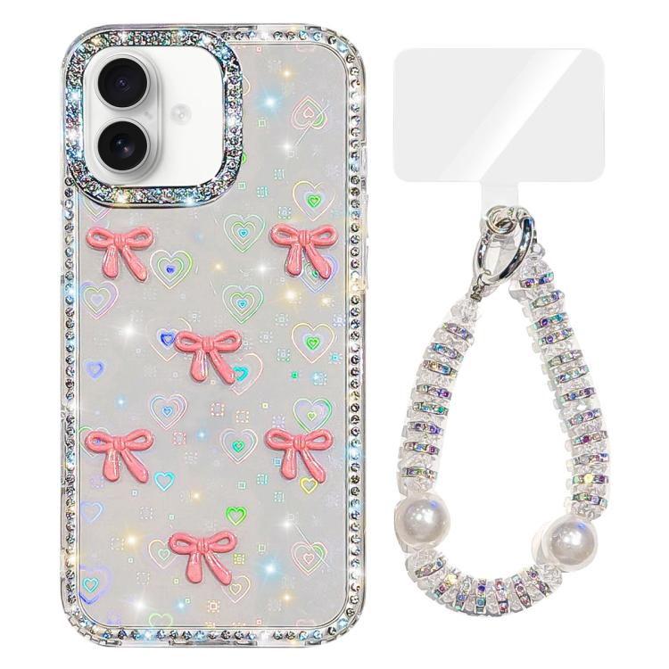 

For iPhone 16 Sparkling IMD Colorful Bow Phone Case with Bracelet(Love Transparent)