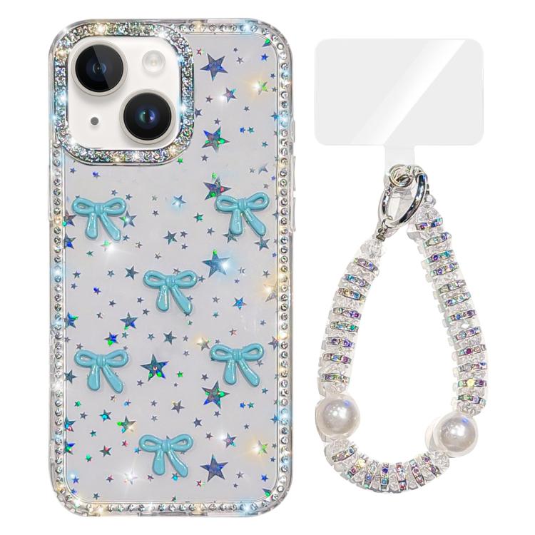 

For iPhone 15 Sparkling IMD Colorful Bow Phone Case with Bracelet(Star Transparent)
