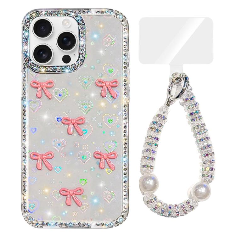 

For iPhone 14 Pro Max Sparkling IMD Colorful Bow Phone Case with Bracelet(Love Transparent)