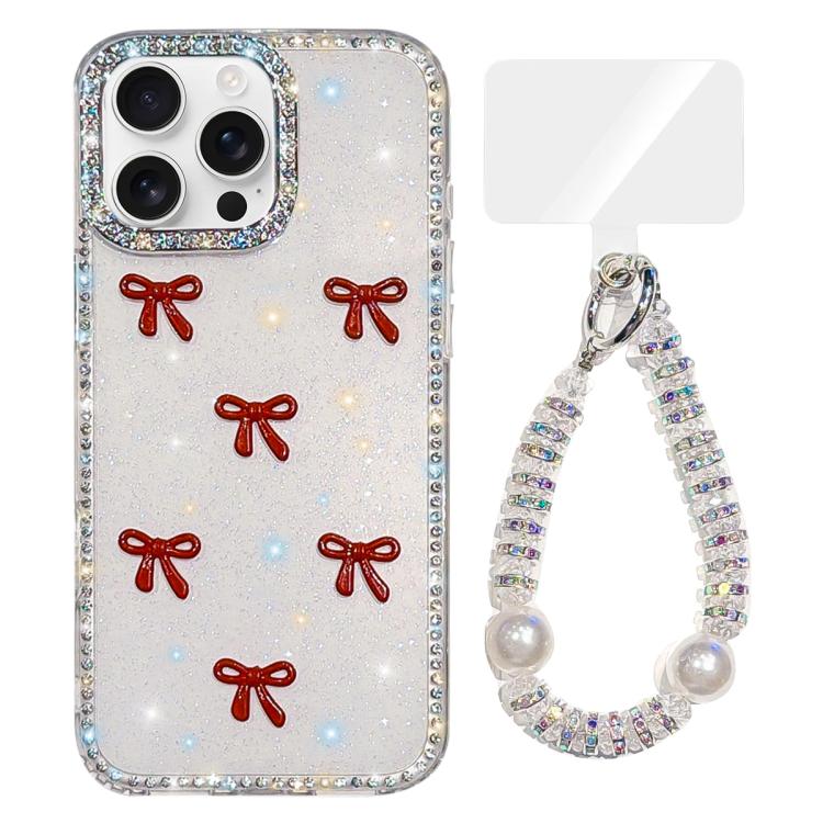 

For iPhone 13 Pro Max Sparkling IMD Colorful Bow Phone Case with Bracelet(Glitter White)