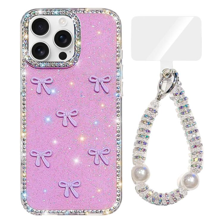 

For iPhone 13 Pro Max Sparkling IMD Colorful Bow Phone Case with Bracelet(Glitter Light Purple)
