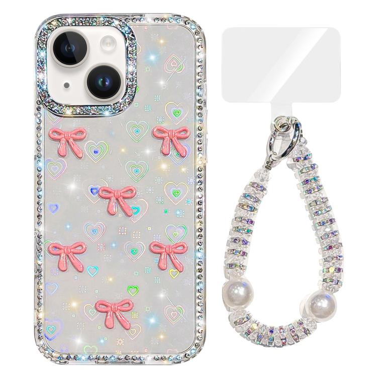 

For iPhone 13 Sparkling IMD Colorful Bow Phone Case with Bracelet(Love Transparent)