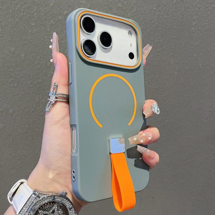 For iPhone 17 Pro Max Skin-feel Magnetic TPU Phone Case with Silicone Strap(Grey)