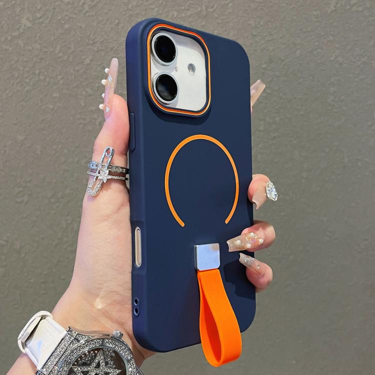 For iPhone 17 Skin-feel Magnetic TPU Phone Case with Silicone Strap(Dark Blue)