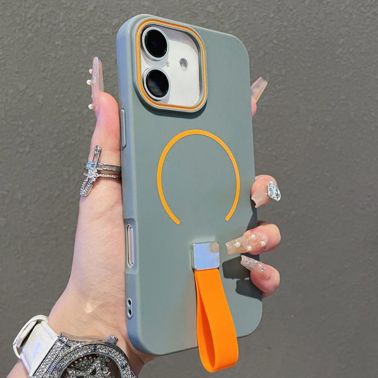 

For iPhone 17 Skin-feel Magnetic TPU Phone Case with Silicone Strap(Grey)