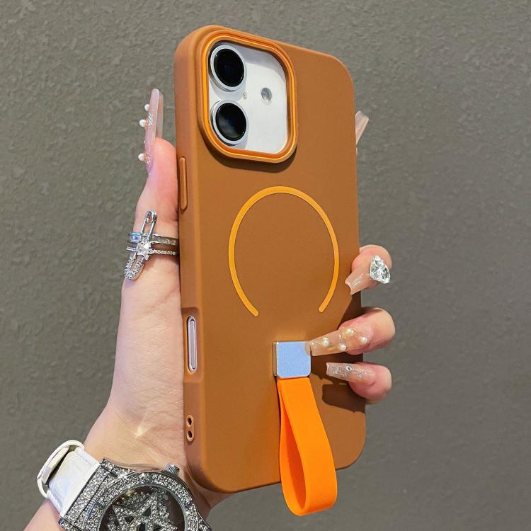 

For iPhone 16 Plus Skin-feel Magnetic TPU Phone Case with Silicone Strap(Brown)