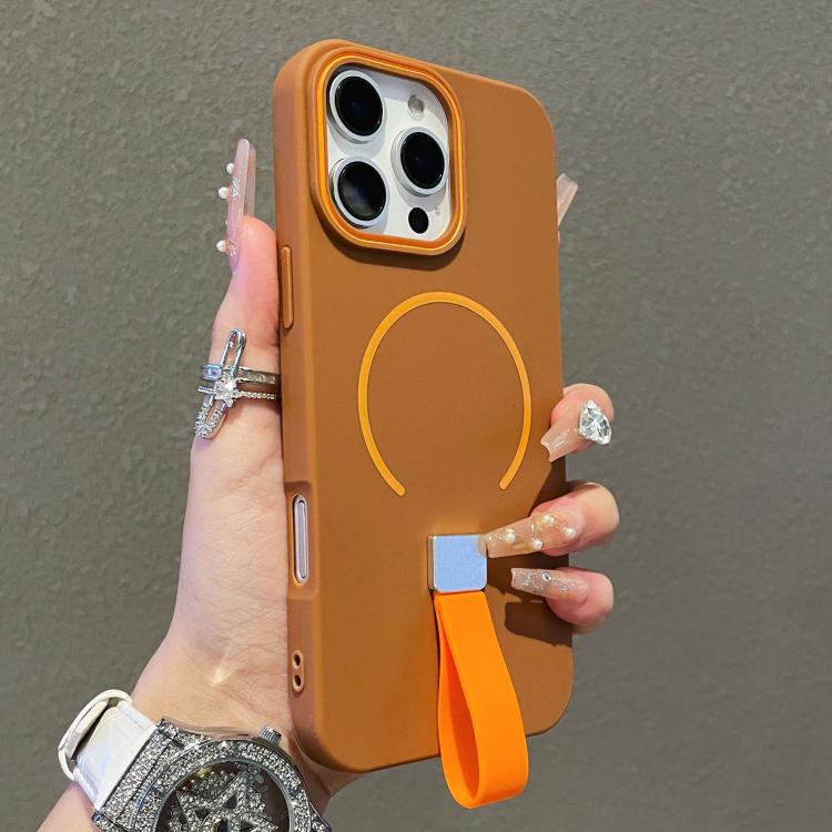 For iPhone 15 Pro Max Skin-feel Magnetic TPU Phone Case with Silicone Strap(Brown)