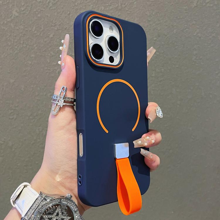 

For iPhone 15 Pro Skin-feel Magnetic TPU Phone Case with Silicone Strap(Dark Blue)