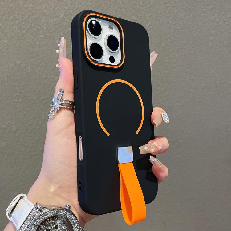 For iPhone 15 Pro Skin-feel Magnetic TPU Phone Case with Silicone Strap(Black)