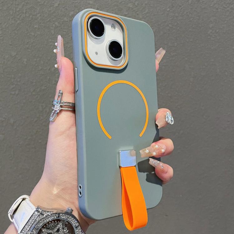 For iPhone 15 Plus Skin-feel Magnetic TPU Phone Case with Silicone Strap(Grey)