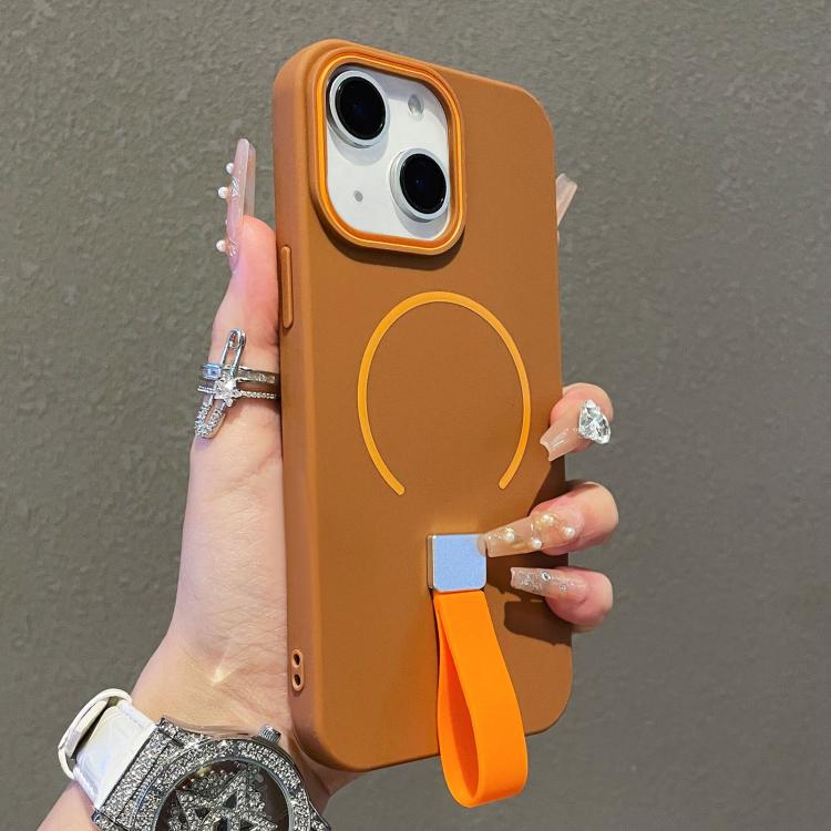 For iPhone 14 Skin-feel Magnetic TPU Phone Case with Silicone Strap(Brown)