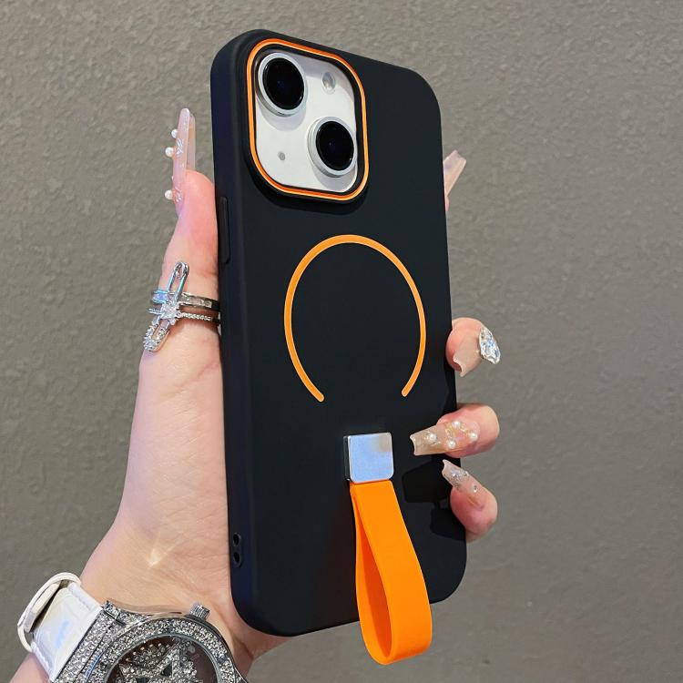 

For iPhone 14 Skin-feel Magnetic TPU Phone Case with Silicone Strap(Black)