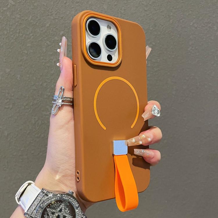 For iPhone 14 Pro Skin-feel Magnetic TPU Phone Case with Silicone Strap(Brown)