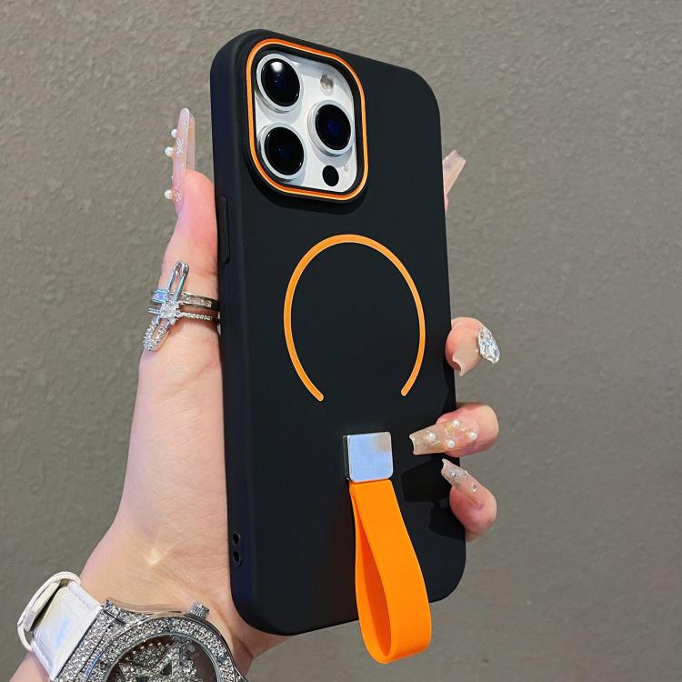 For iPhone 13 Pro Skin-feel Magnetic TPU Phone Case with Silicone Strap(Black)