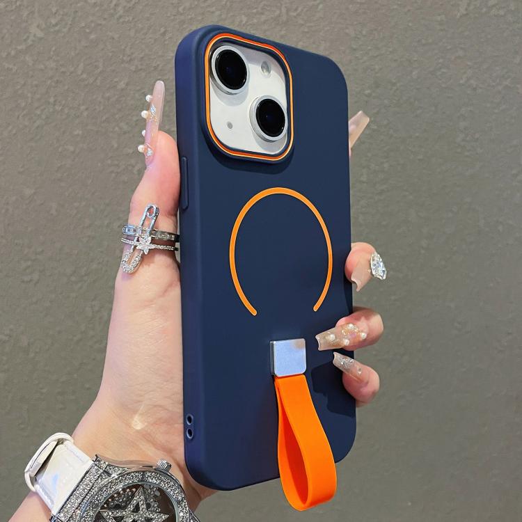 For iPhone 13 Skin-feel Magnetic TPU Phone Case with Silicone Strap(Dark Blue)