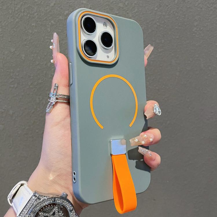 For iPhone 11 Pro Max Skin-feel Magnetic TPU Phone Case with Silicone Strap(Grey)