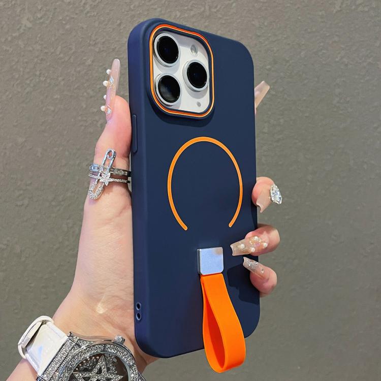

For iPhone 11 Pro Skin-feel Magnetic TPU Phone Case with Silicone Strap(Dark Blue)