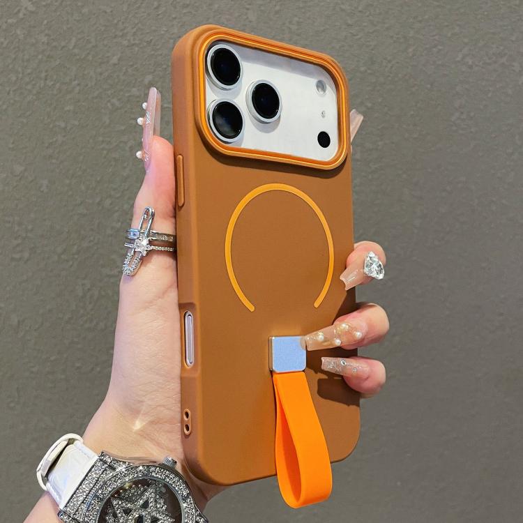 For iPhone 18 Pro Skin-feel Magnetic TPU Phone Case with Silicone Strap(Brown)