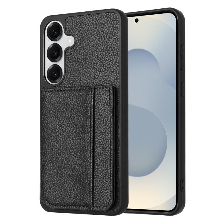 

For Samsung Galaxy S25 FE 5G Litchi Pattern Magnetic Card Bag Holder Phone Case(Black)