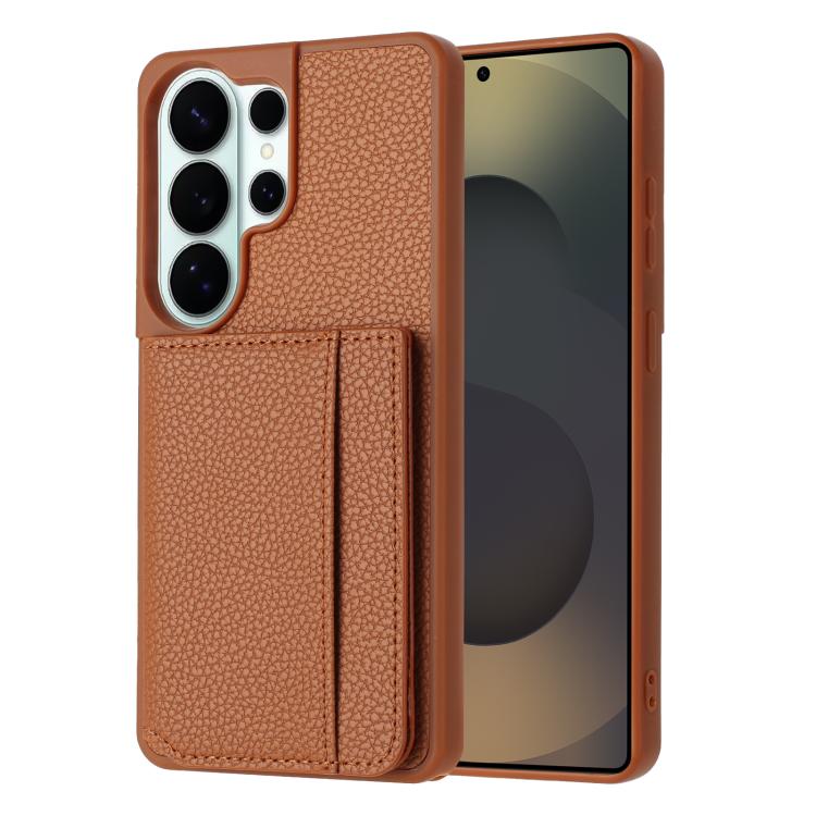 

For Samsung Galaxy S26 Ultra 5G Litchi Pattern Magnetic Card Bag Holder Phone Case(Brown)