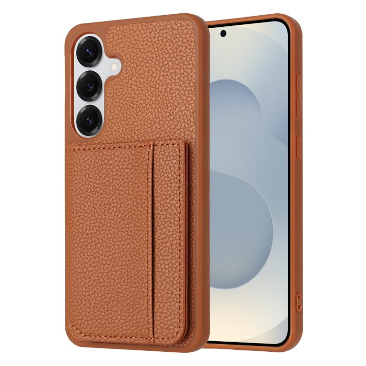 

For Samsung Galaxy S24+ 5G Litchi Pattern Magnetic Card Bag Holder Phone Case(Brown)
