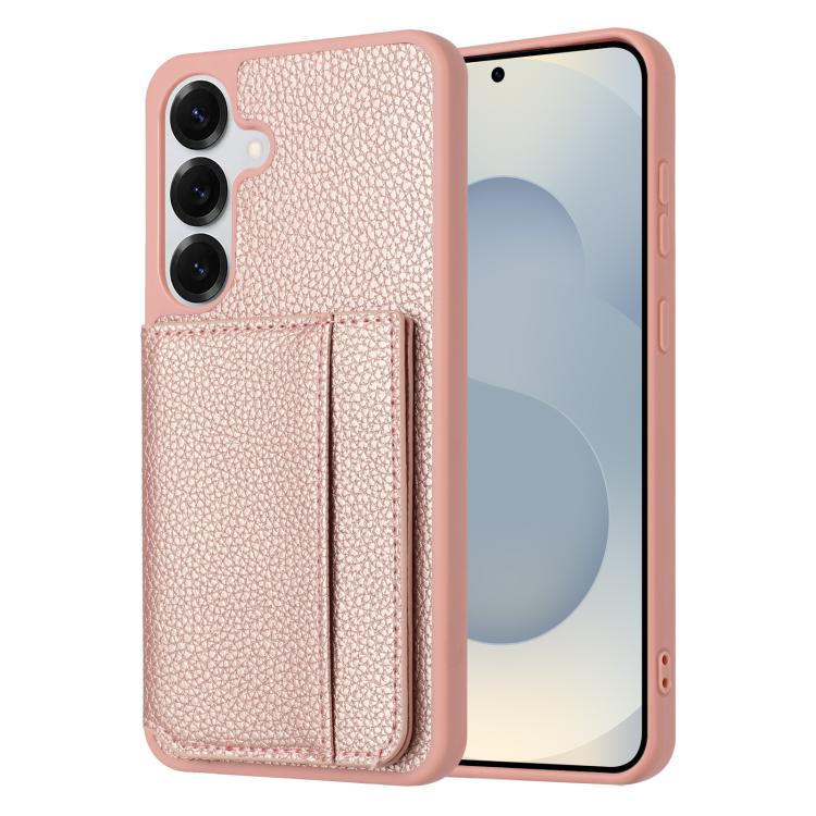 

For Samsung Galaxy S22+ 5G Litchi Pattern Magnetic Card Bag Holder Phone Case(Rose Gold)