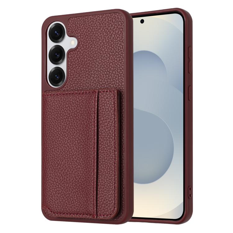 

For Samsung Galaxy S22 5G Litchi Pattern Magnetic Card Bag Holder Phone Case(Wine Red)